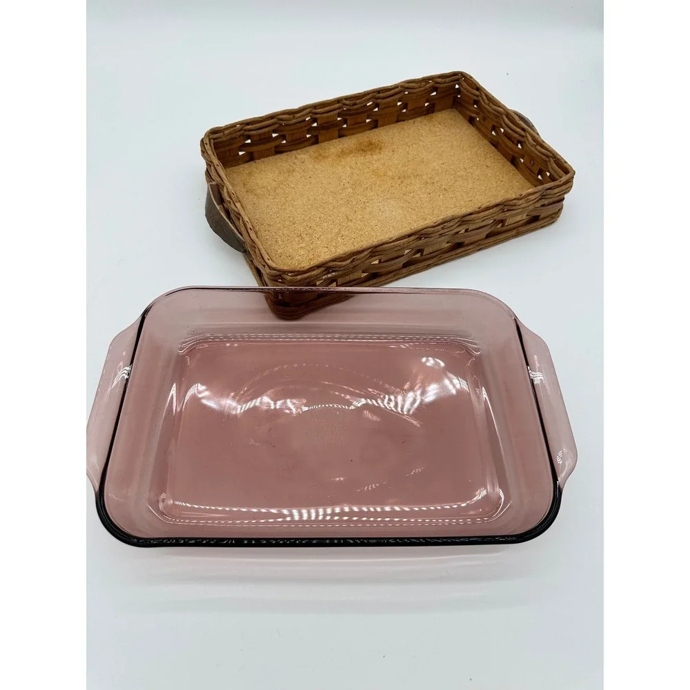 Pyrex‎ Baking Dish with Basket Carrier Vintage Vision Cranberry Glass 233 3qt